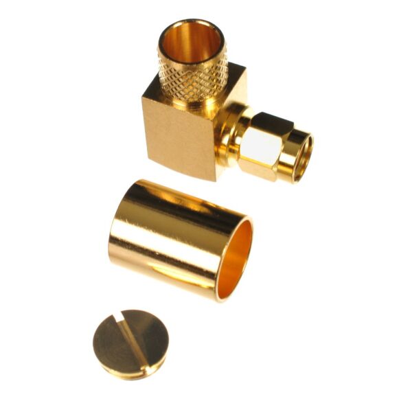 Reverse-Polarity SMA (RP-SMA) Plug-Male Right Angle Crimp Connector for Cable Types: AIR802® CA600, Times Microwave LMR600®, and Similar Size Cable