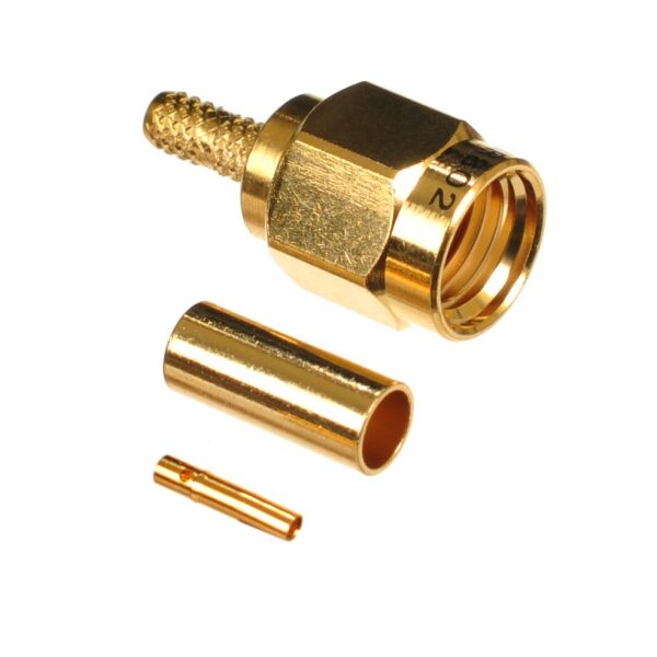 Reverse Polarity SMA (RP-SMA) Plug-Male Crimp Connector for Cable Types: AIR802 CA100, Times Microwave's LMR100A, RG174, RG188, RG188A, RG316/U, Beldon 7805, Beldon 8216, Beldon 83269, Belden 83284, Belden 84316